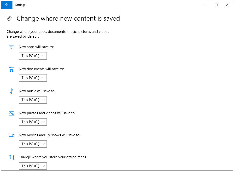 This PC is the default save location for the six types of contents