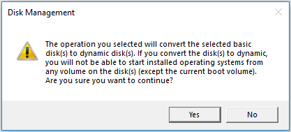 the operation will convert the selected basic disk to dynamic disk 