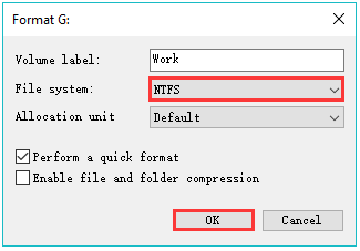 select NTFS as the file system in the Format dialog box