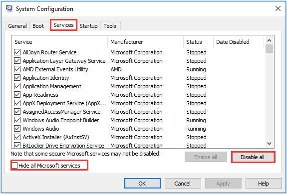 hide all Microsoft service and click Disable all
