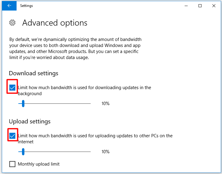 check the settings and set the bandwidth percentage