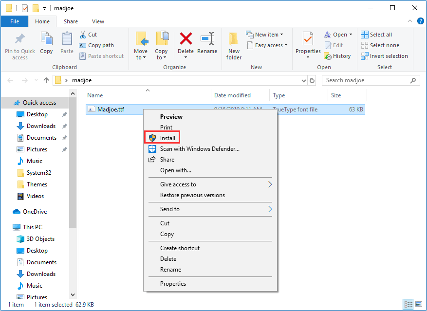 right-click font file and choose Install