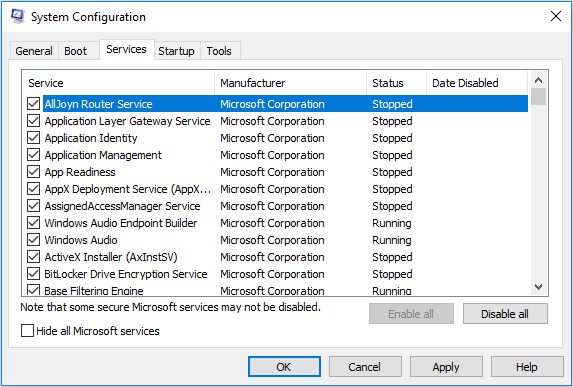 Service tab in System Configuration