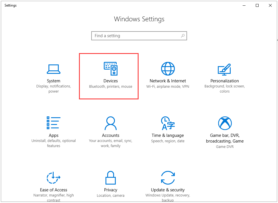 choose the Devices option on the Settings window