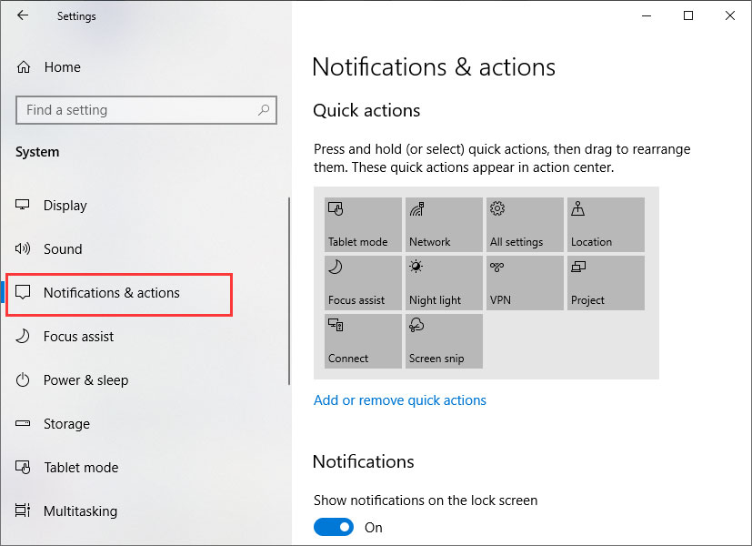 choose Notifications & actions