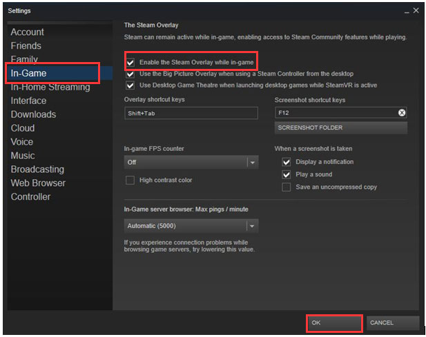 confirm the “Enable the Steam Overlay while in-game” box is checked