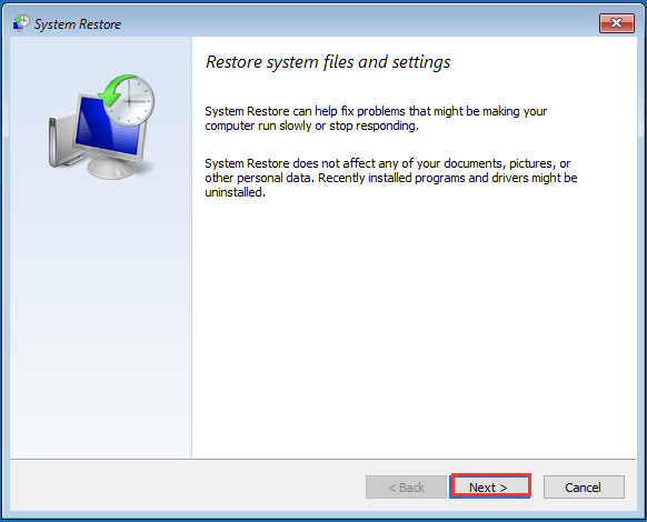 select the desired system restore point