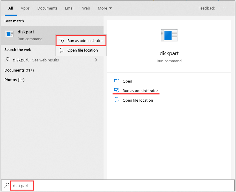 run Diskpart in Windows 10