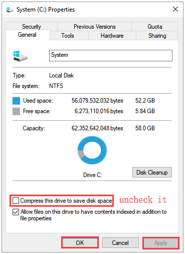 uncheck Compress this drive to save disk space