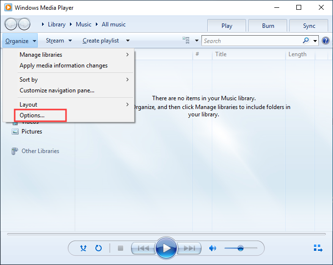 choose options in Windows Media Player