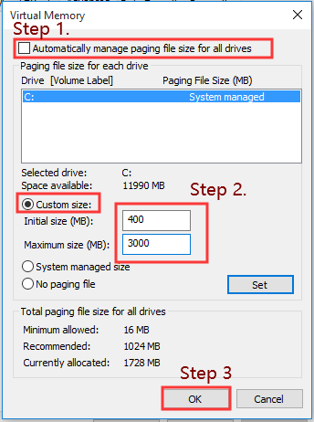 set the page filing size for all drives