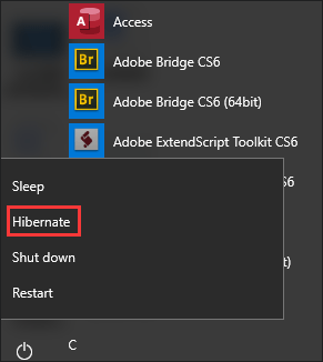 the Hibernate mode shown in on the power options menu