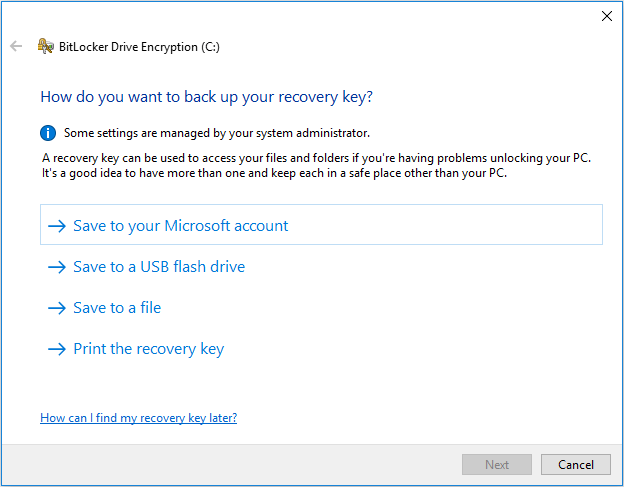 choose how to back up the recovery key
