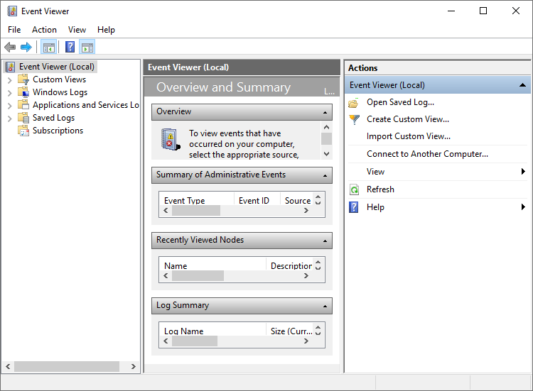 the main interface of event viewer
