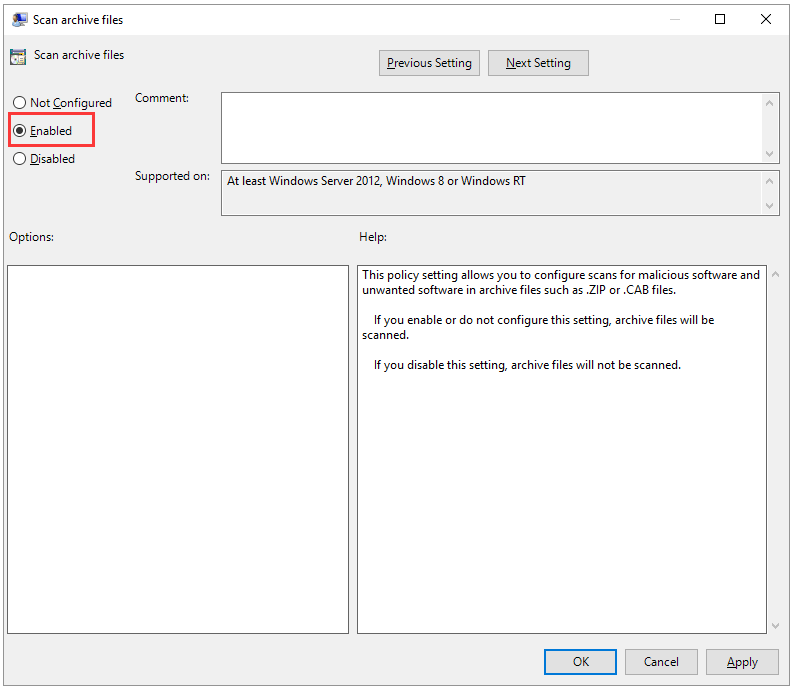 enable archive files scan in Group Policy