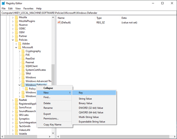 create a Scan key under Windows Defender