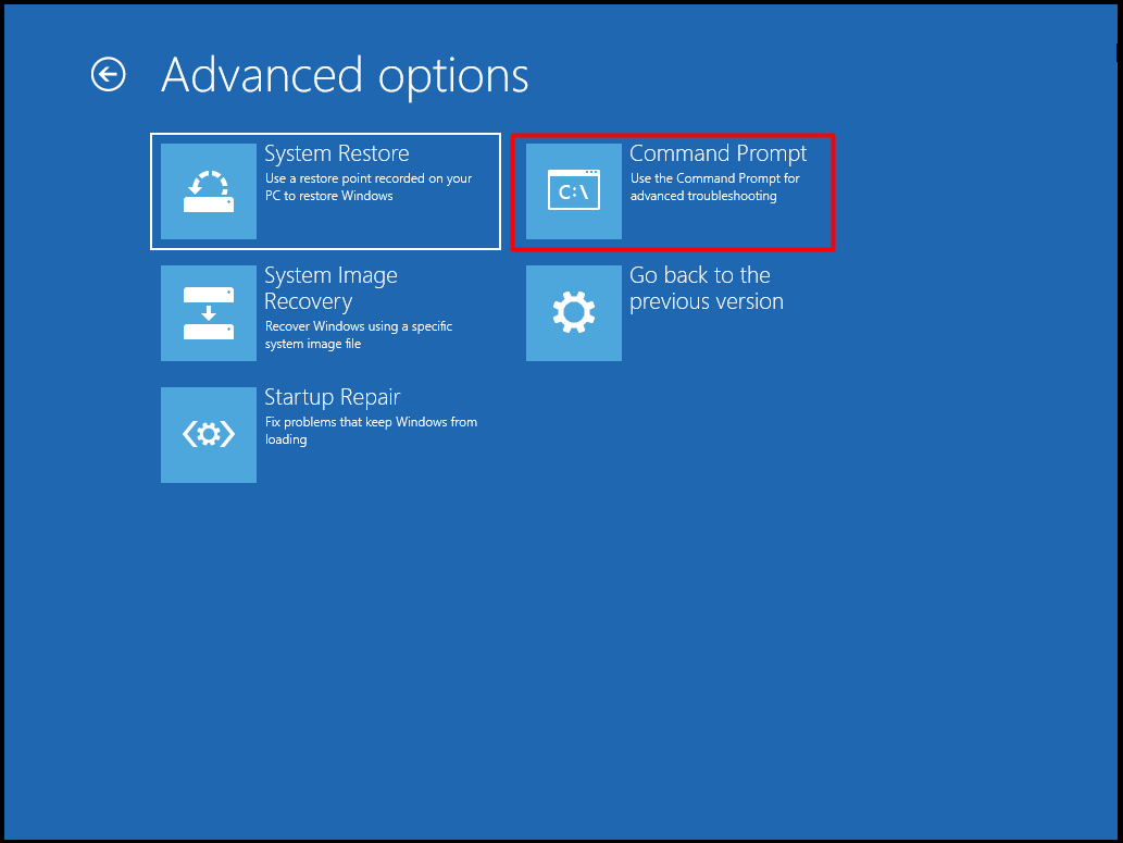 command prompt in the advanced options page