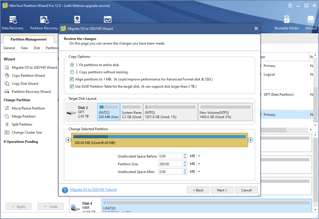 choose right copy options and adjust the target disk layout