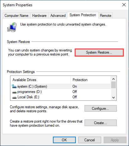 click Next button to restore system files and settings