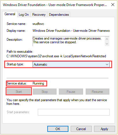 enable Windows Driver Foundation service