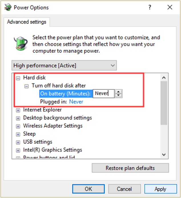 edit the settings for On battery and Plugged in