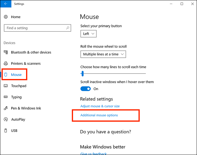click Additional mouse options