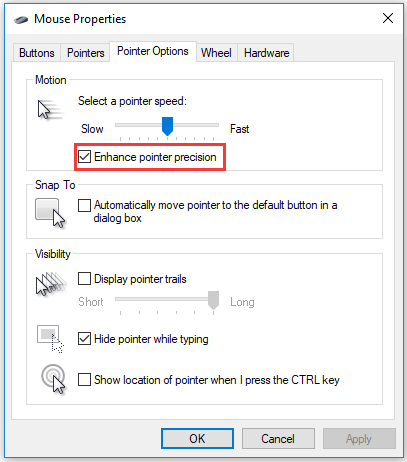 the Enhance pointer precision setting on Mouse Properties window