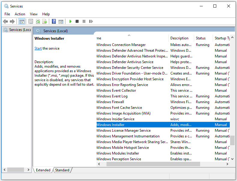 check the Startup type of Windows Installer