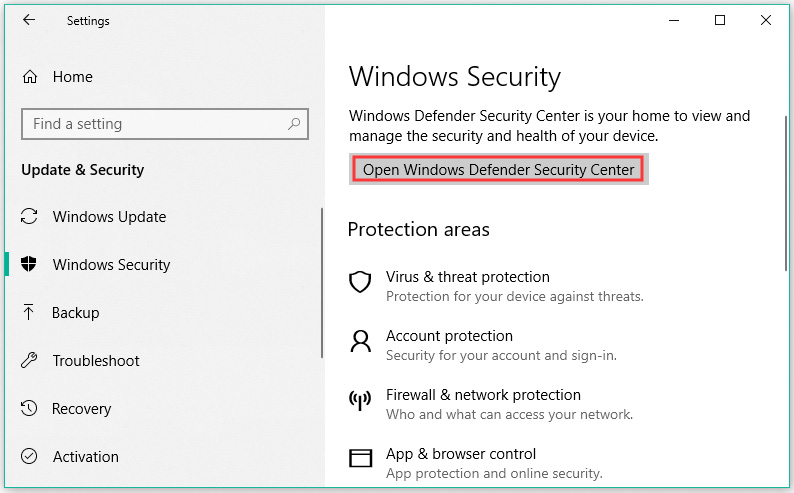 click the Open Windows Defender Security Center option