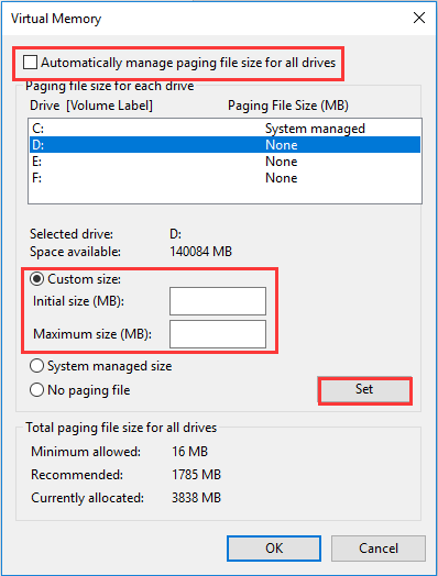 change settings for Virtual Memory