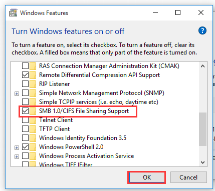 check the box SMB 1.0 CIFS File Sharing Support