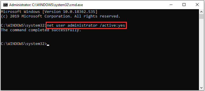 enable administrator account in Command Prompt