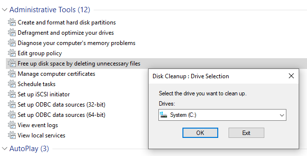 free up disk space by deleting unnecessary files Windows 10 God Mode