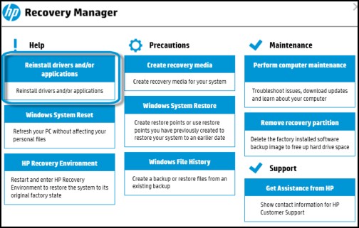 HP recovery manager main interface