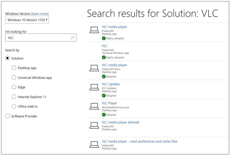choose Windows version and search by option
