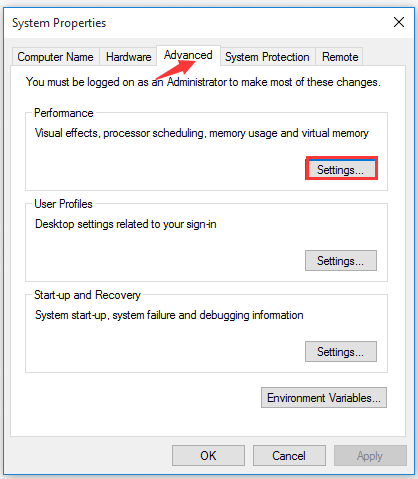 click Settings under the Performance section