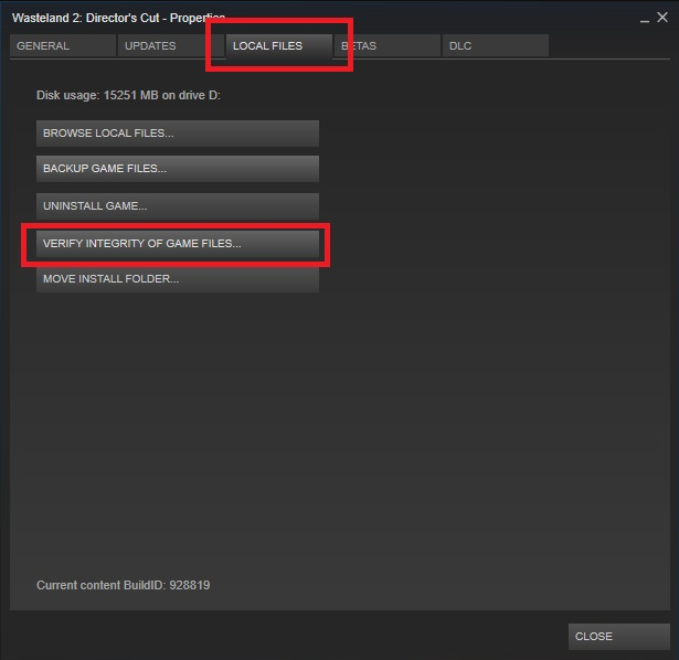 click on the Verify Integrity of Game Files option