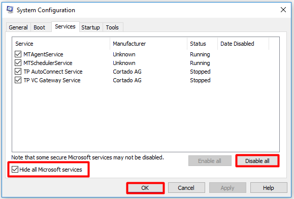 check the Hide all Microsoft services box and click on Disable all option