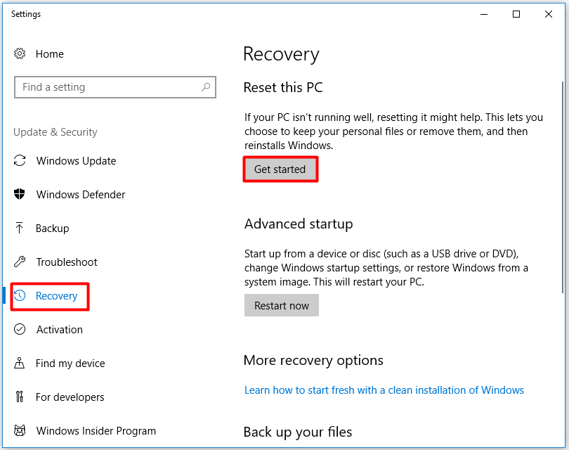 get started the resetting this pc operation
