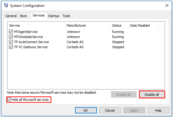 check the Hide all Microsoft services checkbox and choose Disable all option