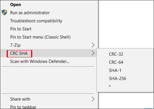 CRC SHA entry in the Windows right-click menu