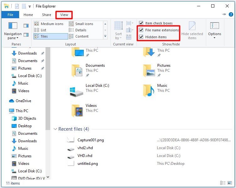 check File name extensions and Hidden items