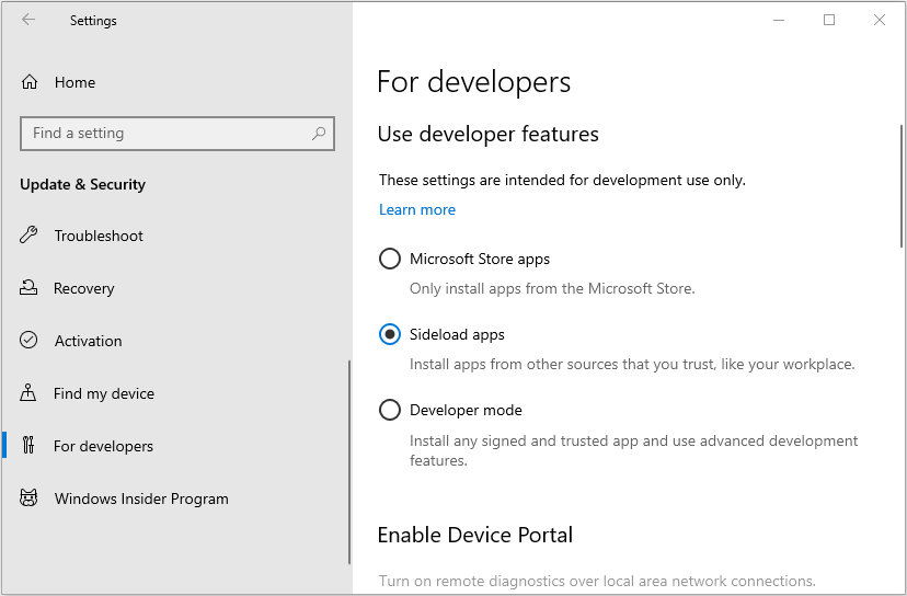 open developer settings