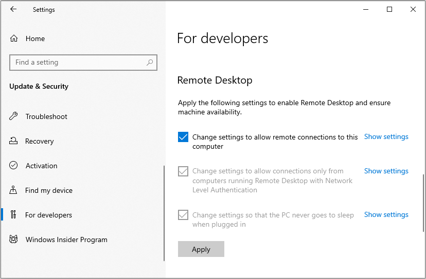 remote desktop developer settings