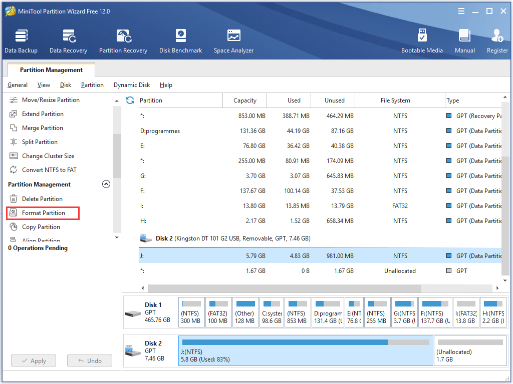 choose Format partition in MiniTool Partition Wizard