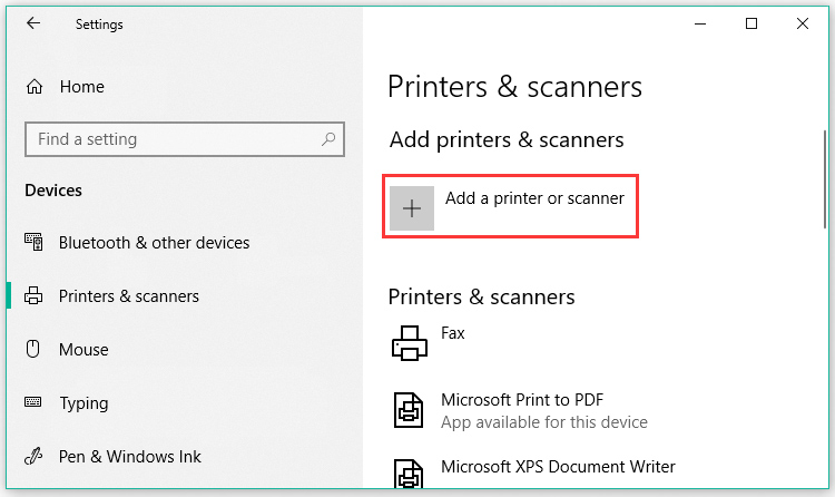 click on Add a printer or scanner
