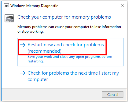 choose the recommended check for memory problems option