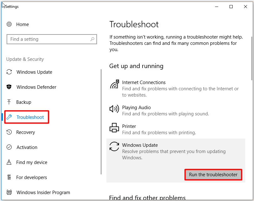 run the troubleshooter of Windows update