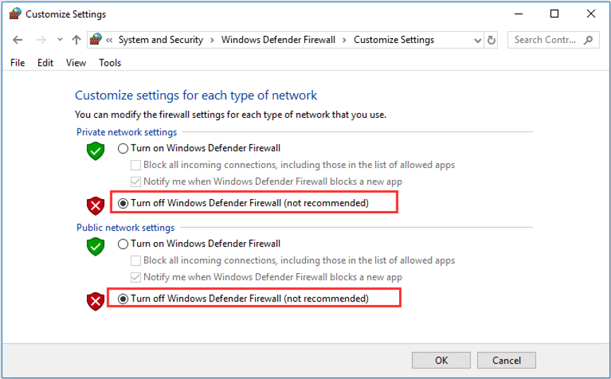 turn off Windows Defender Firewall
