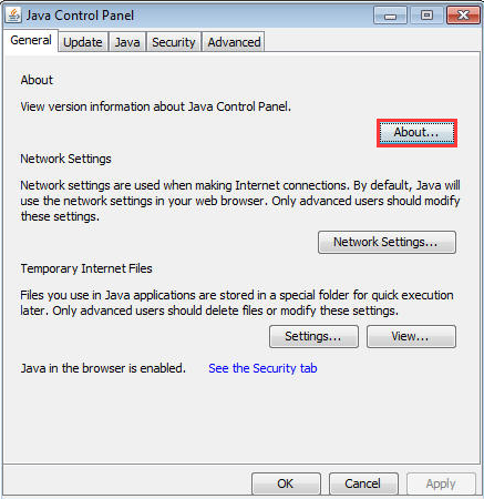 click on About on Java control panel
